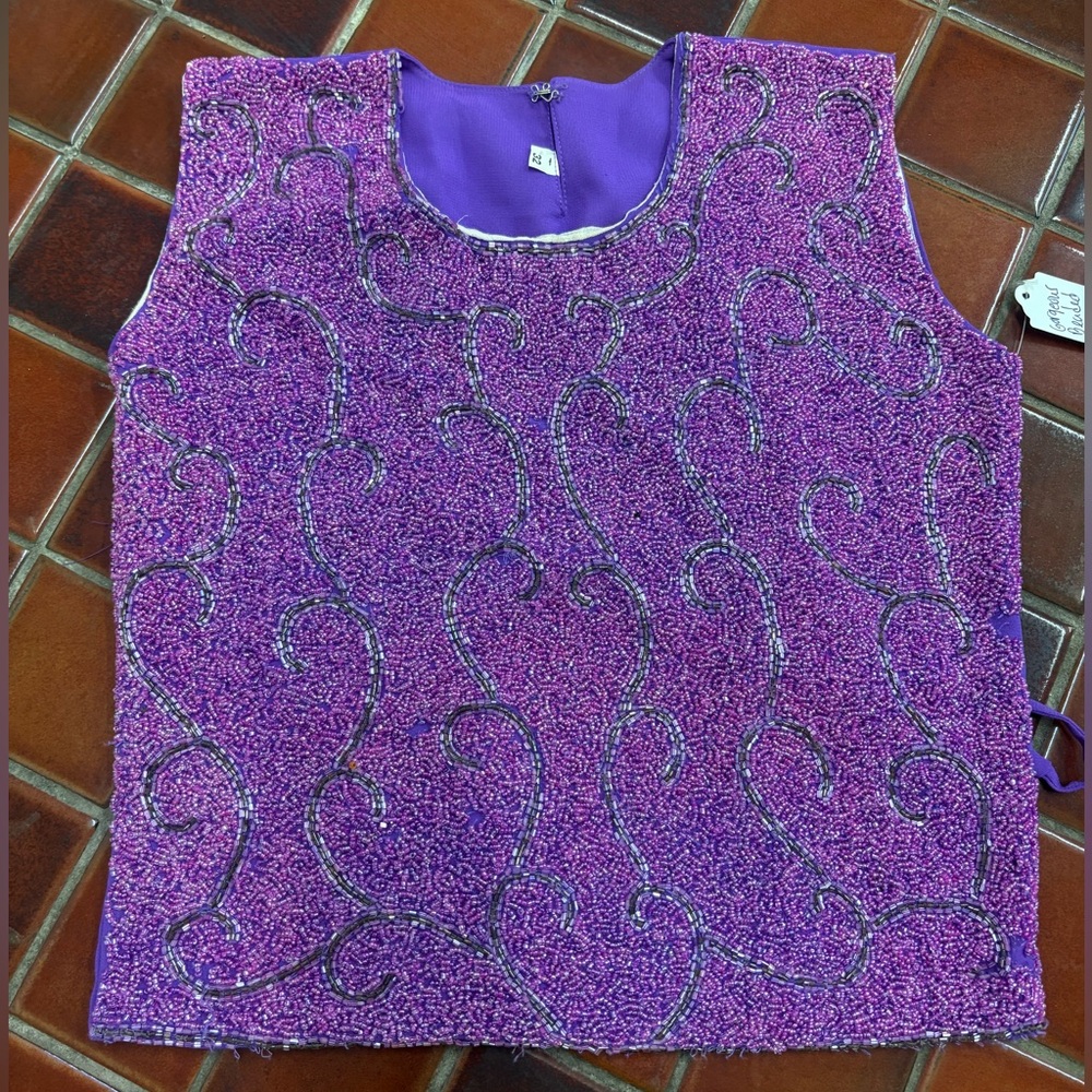 Vibrant Purple Women's Sleeveless Blouse with Beaded Embellishments. Size 32.